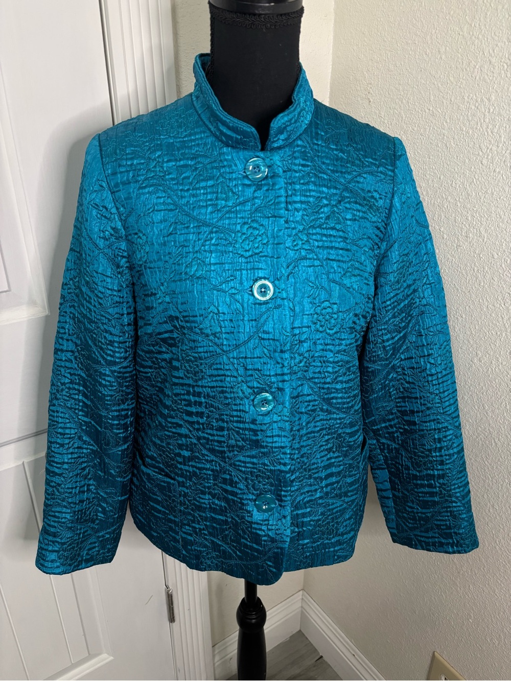 Elliott Lauren Teal Textured Mandarin Collar Jacket